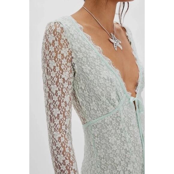 (S) NWT Free People Petra Lace Long Sleeve Mini Dress Billowing Sail Mint - Picture 4 of 8